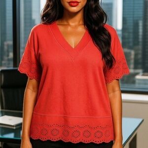 Style & Co Women's Short Sleeve Top Large V Neck Eyelet Coral Pullover Work